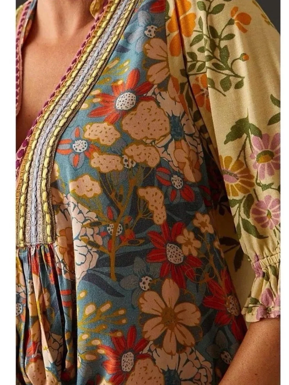 New  BI^nk London x Anthropologie STEPHANIE L Yellow Blue Floral V-Neck Top